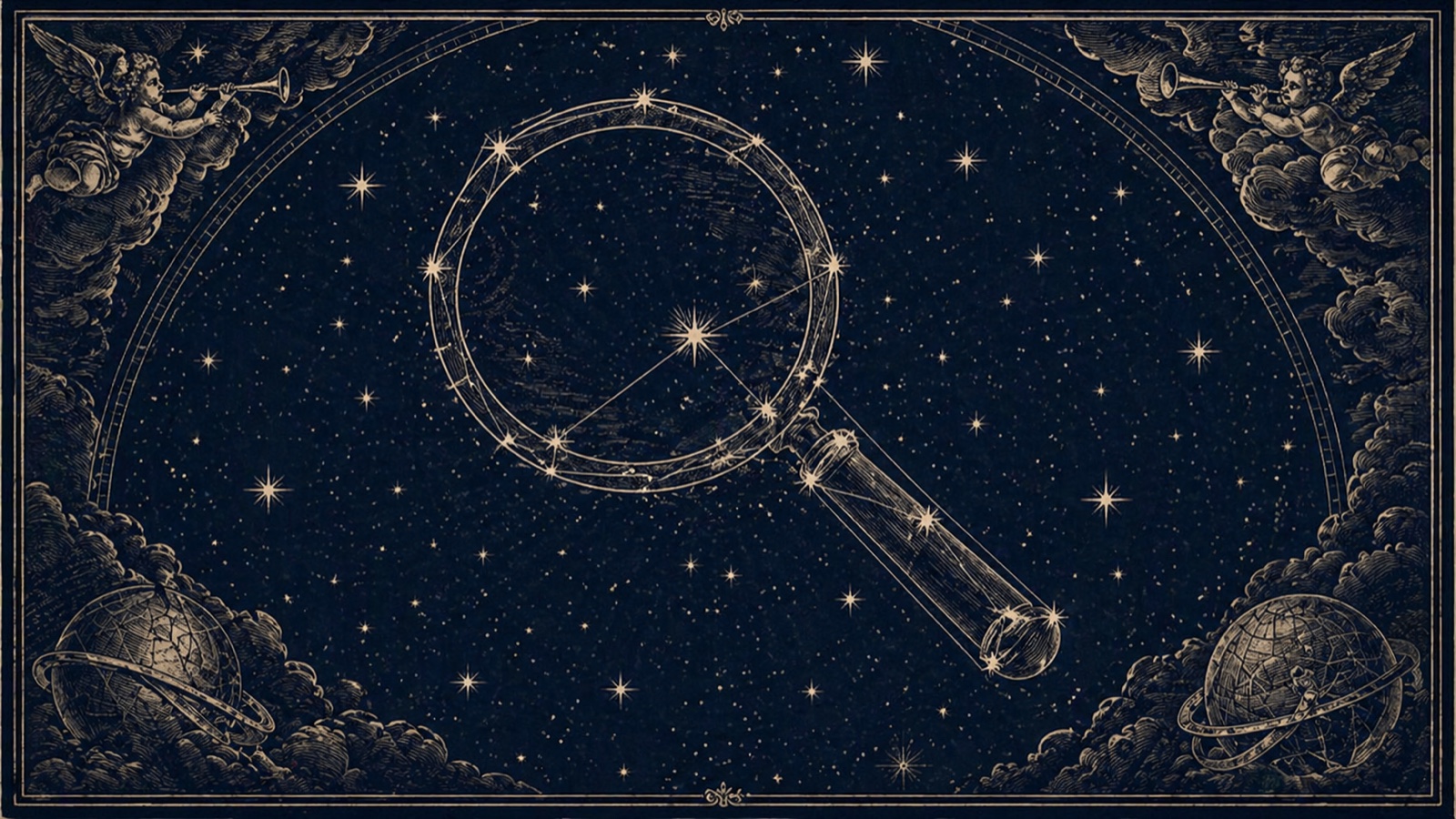 A celestial chart depicting a magnifying glass formed from constellations, framed by trumpeting cherubim and armillary spheres